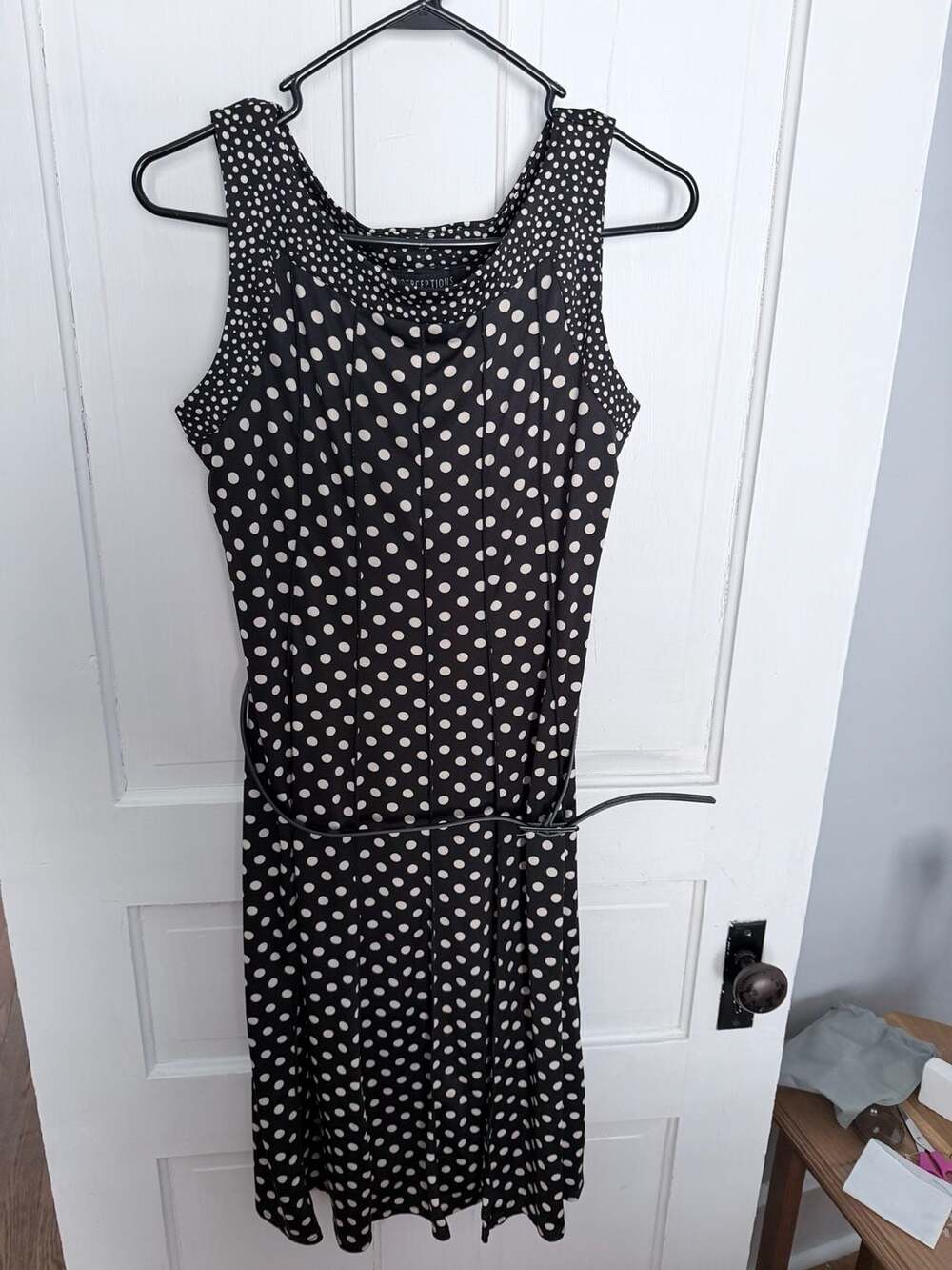 Perceptions Petite Black and White Polka Dot Sleeveless Belted Dress 12P